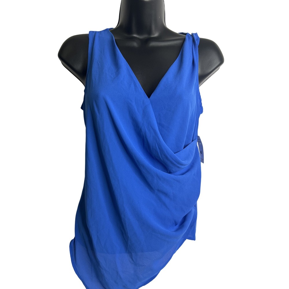 Bar III Top Womens XS Blue Sleeveless Draped V Neck Wrap Blouse Layered Tank NWT